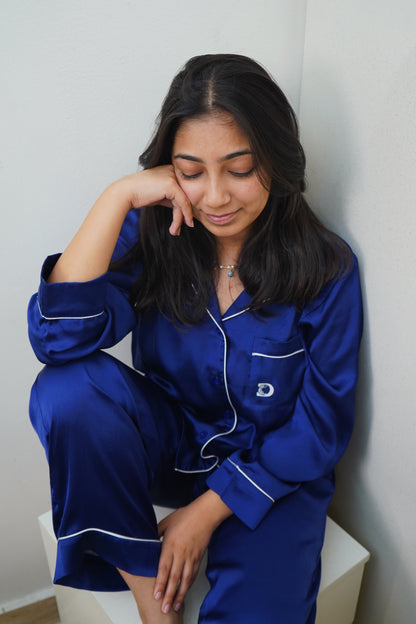 Midnight Blue Satin Long Pajama Set